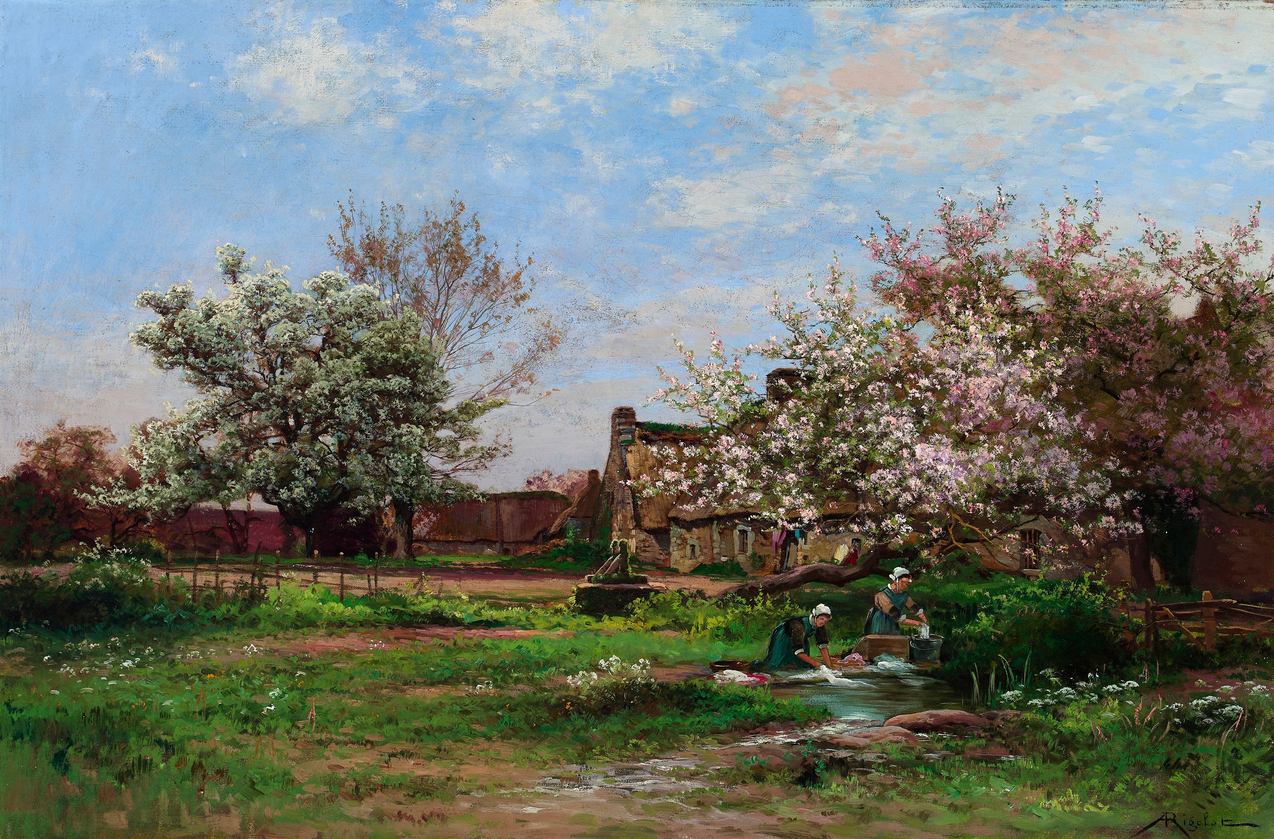 Albert Gabriel Rigolot - Washerwomen at a stream in a spring landscape