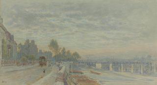 Albert Goodwin, R.W.S. - A carriage on Lindsay Row beside the River Thames, Battersea Bridge beyond