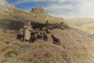 Albert Goodwin, R.W.S. - A shepherd with a flock of goats on a mountainside