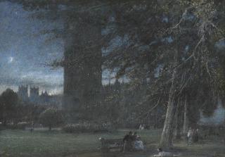 Albert Goodwin, R.W.S. - Figures Beneath The Palace Of Westminster At Dusk
