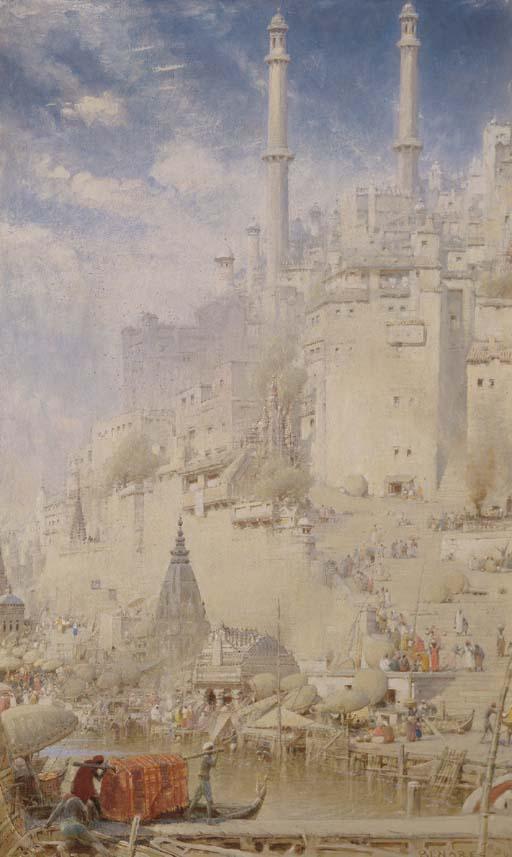 Albert Goodwin - A View of Benares From The Ganga River With The Great Mosque of Auranzeb, The Vishwanath Temple And Manikarnika Ghat Behind