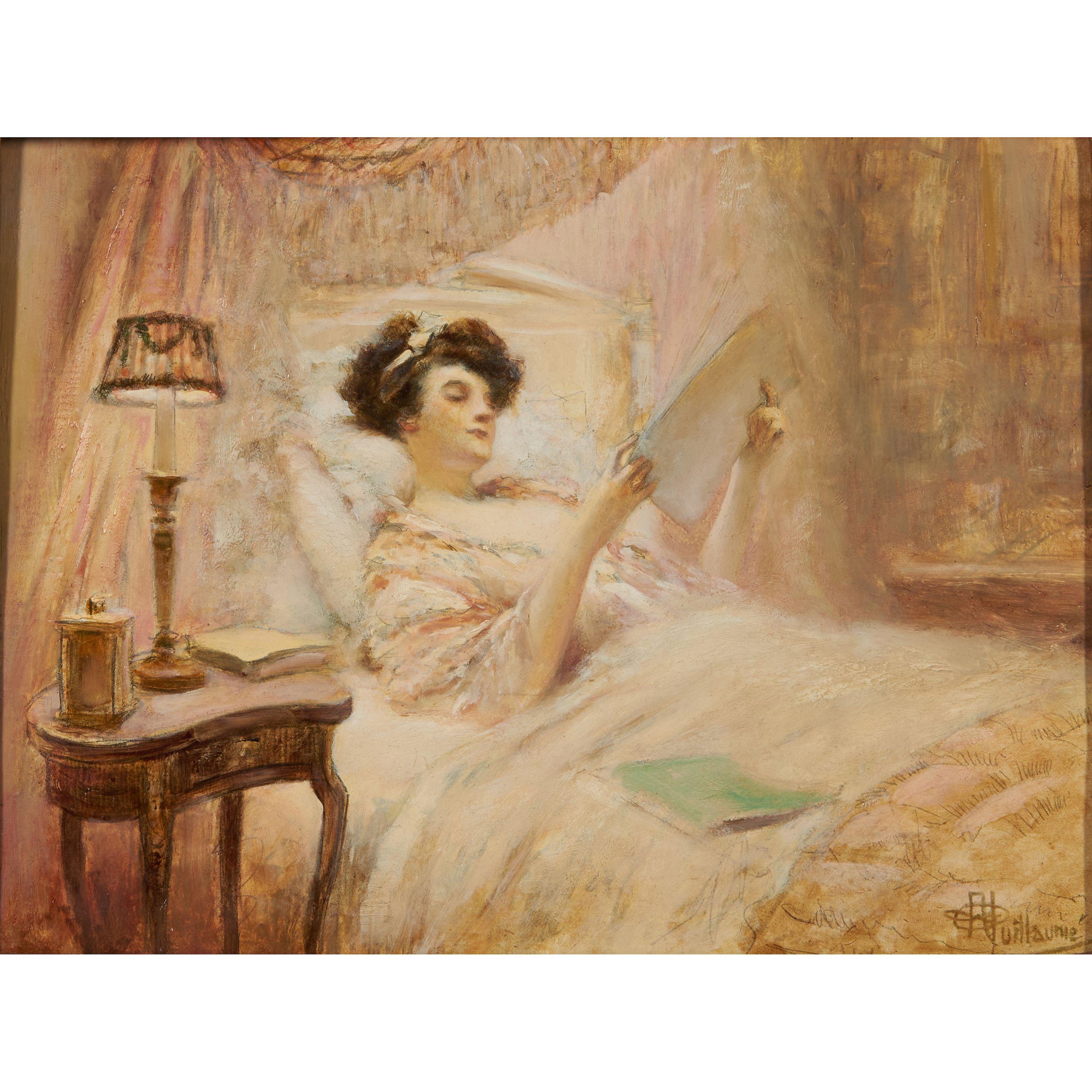Albert Guillaume - La lecture au lit 10 1/2 x 13 3/4 in. (26.5 x 35.0 cm) framed 15 x 19 x 2 1/4 in.
