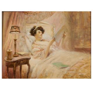 Albert Guillaume - La lecture au lit 10 1/2 x 13 3/4 in. (26.5 x 35.0 cm) framed 15 x 19 x 2 1/4 in.