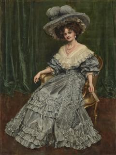 Albert Henry Collings - Portrait of Miss Gertie Millar, later Countess of Dudley, full-length, seated, in a blue dress and feathered hat