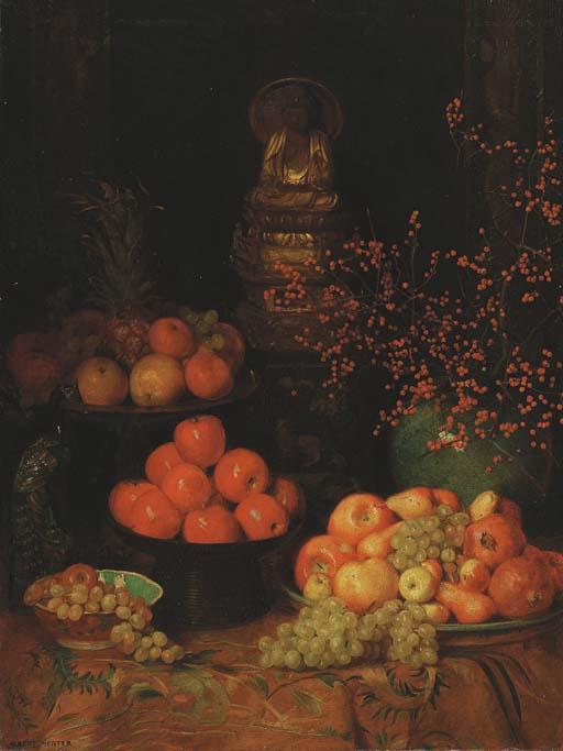 Albert Herter - Still Life with Fruit, Peacock and Buddha