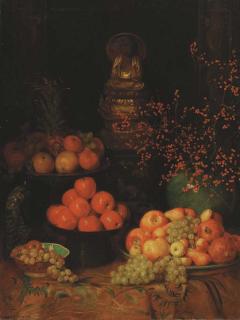 Albert Herter - Still Life with Fruit, Peacock and Buddha