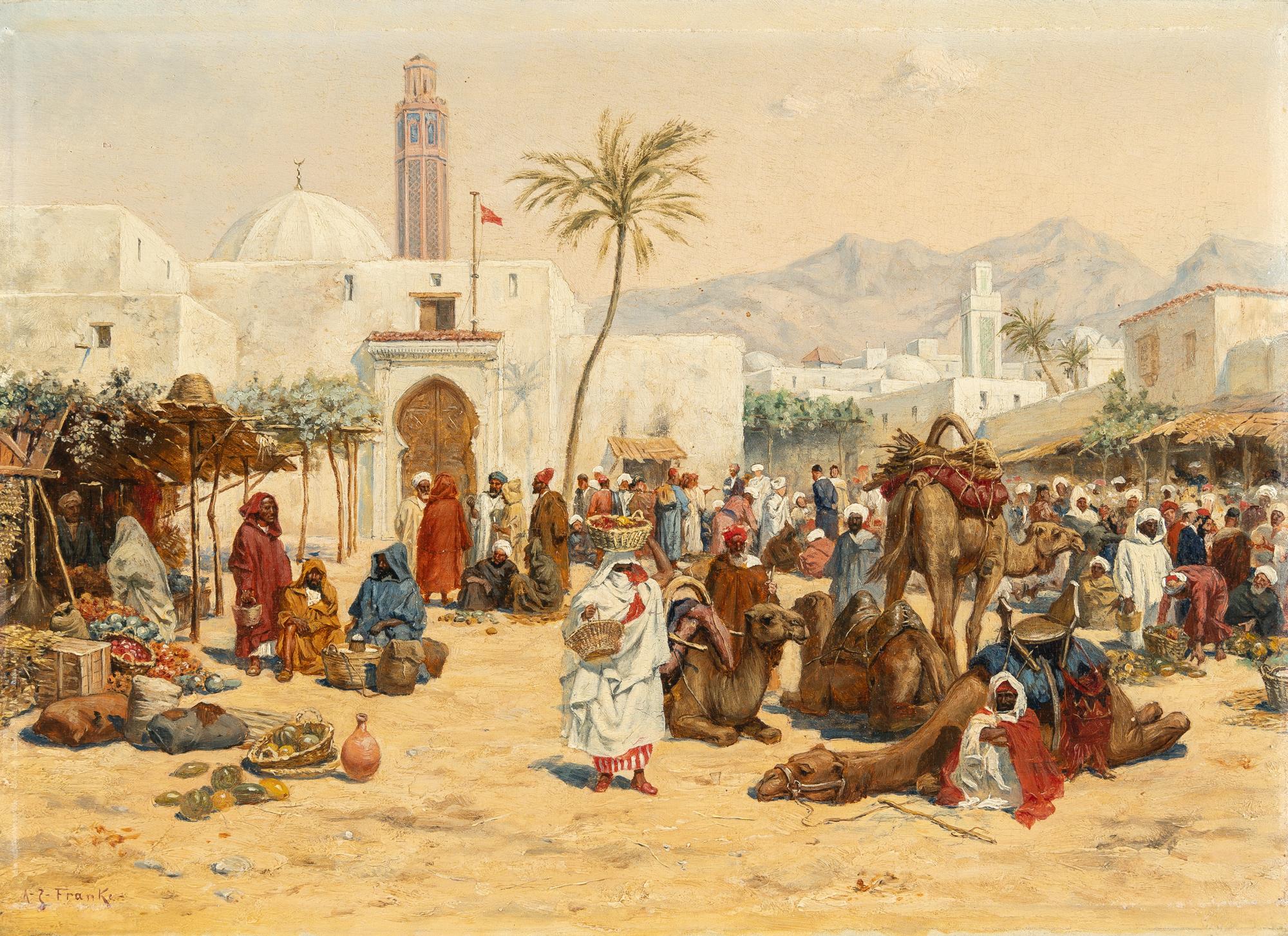 Albert Joseph Franke - Orientalische Marktszene vor einer Moschee (Marokko)