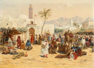 Albert Joseph Franke - Orientalische Marktszene vor einer Moschee (Marokko)