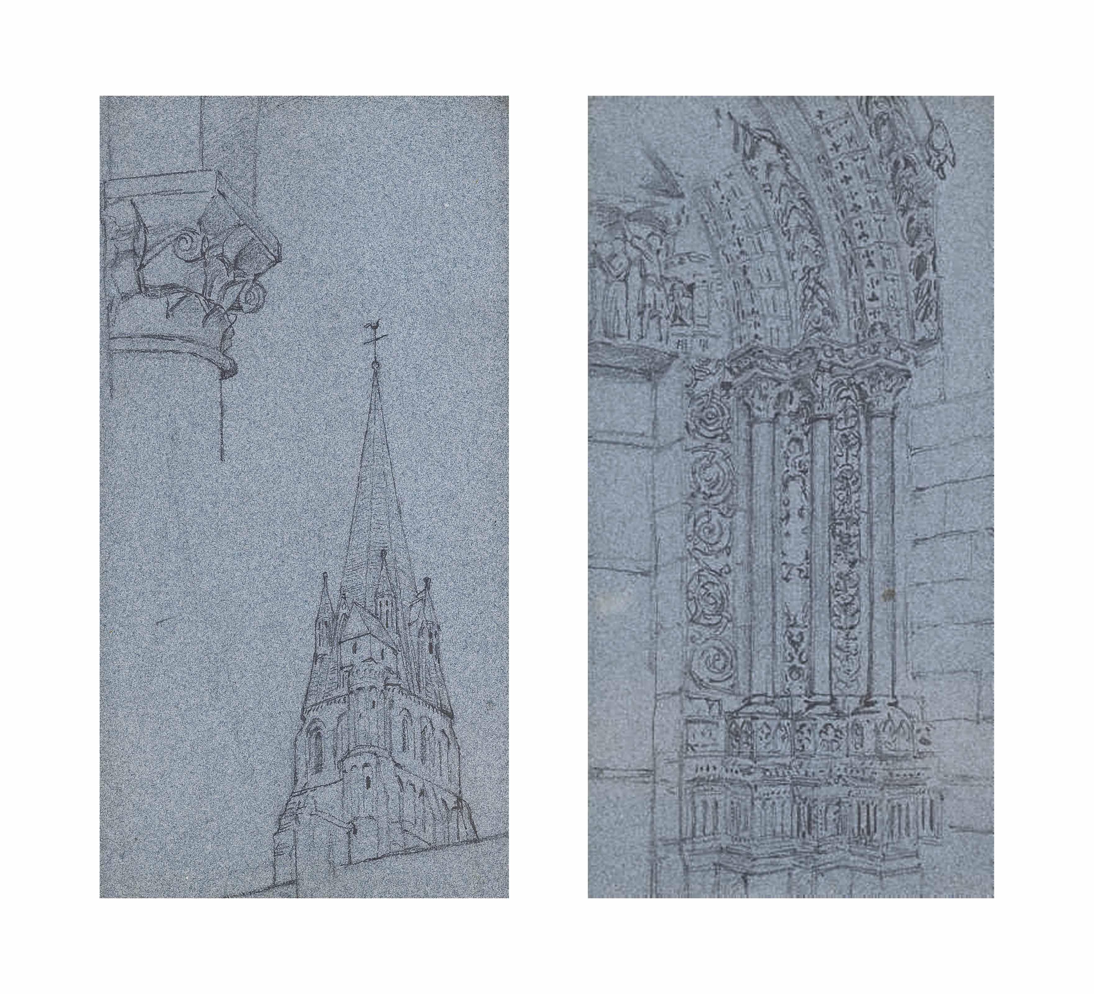 Albert Joseph Moore, R.W.S. - Study of a church steeple; Study of a gothic arch; and Study of a landscape (two illustrated)