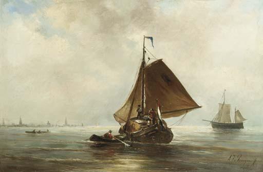 Albert Jurardus Van Prooijen - A haybarge on the IJ, Amsterdam in the distance