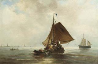 Albert Jurardus Van Prooijen - A haybarge on the IJ, Amsterdam in the distance