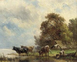 Albert Jurardus Van Prooyen - Cattle watering at a riverbank, a drover looking on; and Another similar