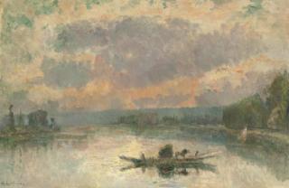 Albert Lebourg - Le Bac à la Bouille, au coucher du soleil