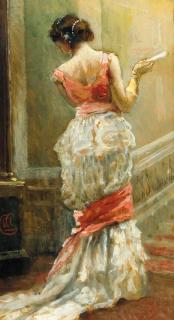 Albert Ludovici, R.B.A. - Portrait of a lady, full-length, in a white dress, holding a fan, by a staircase
