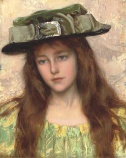 Albert Lynch - A Young Beauty In A Green Hat