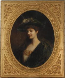 Albert Lynch - Portrait Of A Young Beauty In A Green Hat And Robe