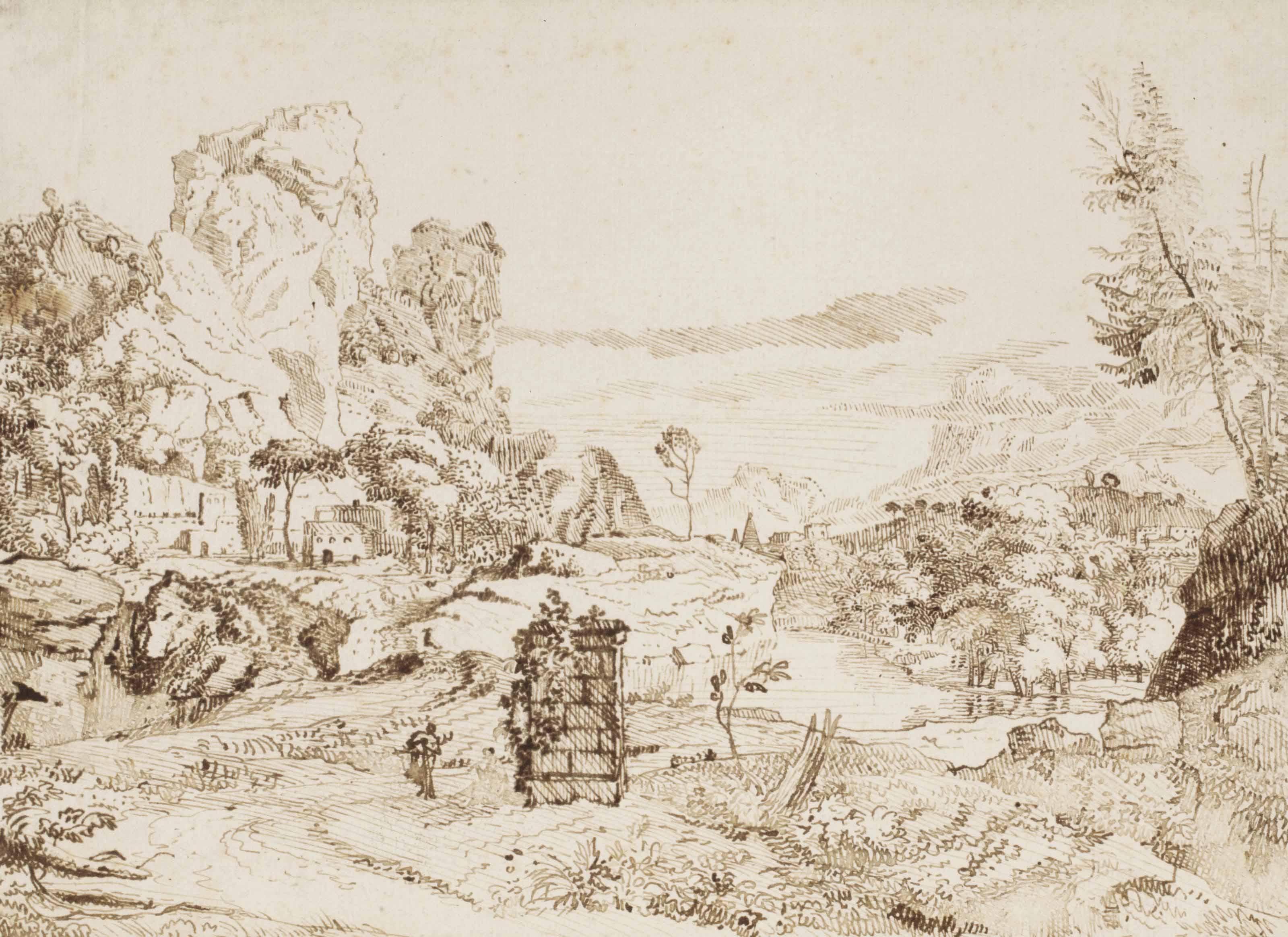 Albert Meijeringh - A fantasy landscape with rocks, buildings and a river passing through a valley