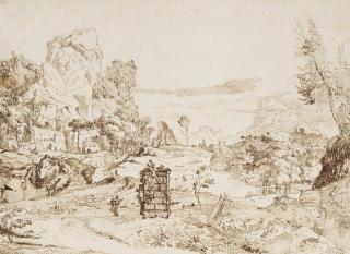 Albert Meijeringh - A fantasy landscape with rocks, buildings and a river passing through a valley