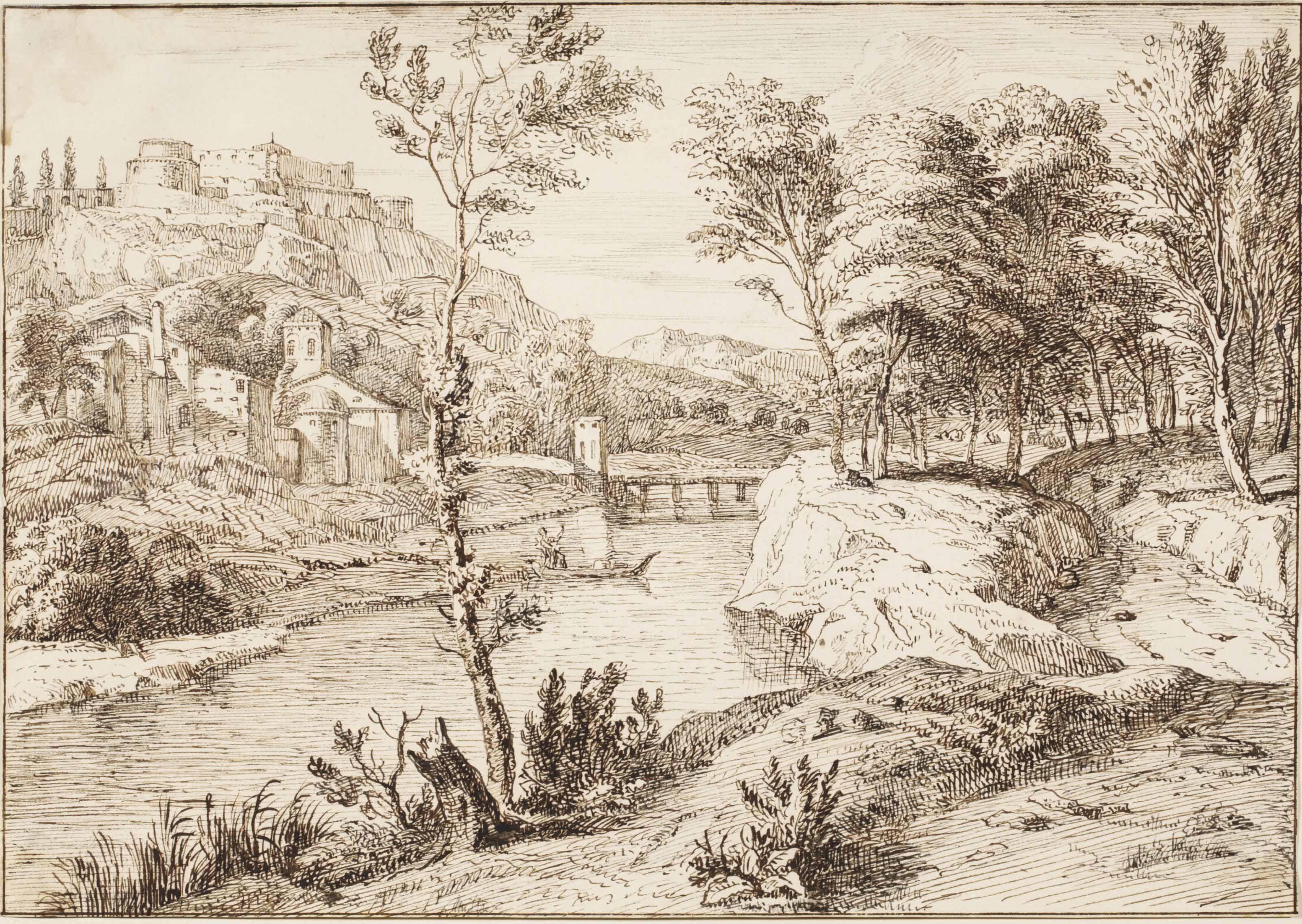 Albert Meijeringh - An Italianate Wooded River Landscape With A Castle On A Hill