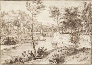 Albert Meijeringh - An Italianate Wooded River Landscape With A Castle On A Hill