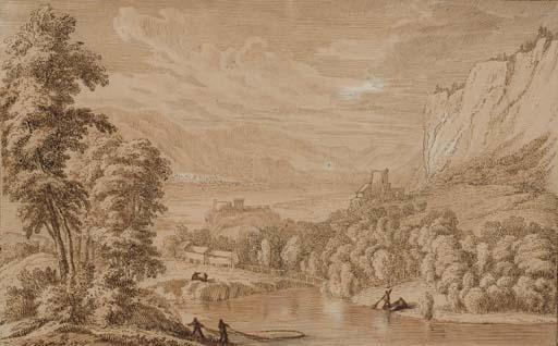 Albert Meyeringh - Pêcheurs autour d\'un lac dans un paysage de montagnes