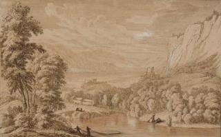 Albert Meyeringh - Pêcheurs autour d\'un lac dans un paysage de montagnes