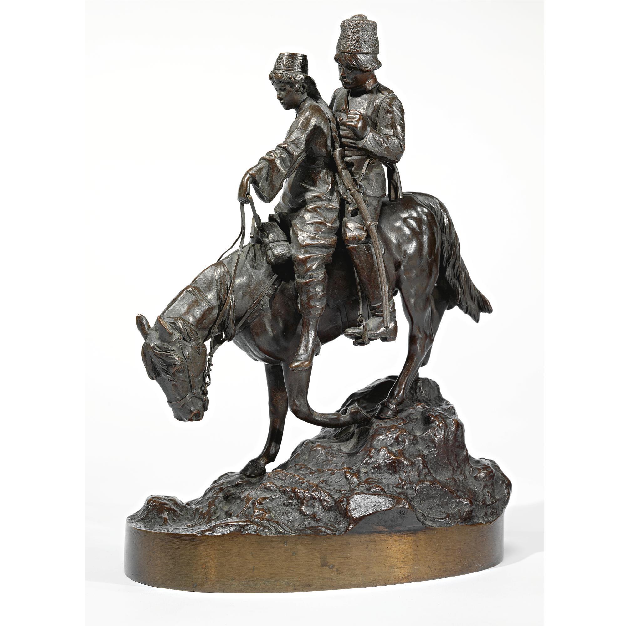 Albert-Moritz Wolf - A Bronze Group Of A Mounted Cossack And His Sweetheart