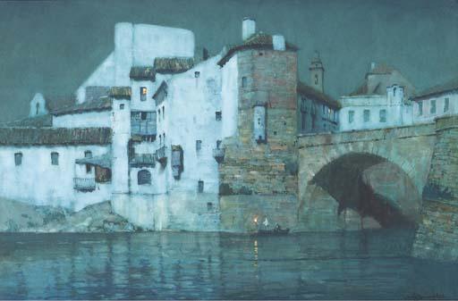 Albert Moulton Foweraker - A Spanish Riverside Town By Moonlight