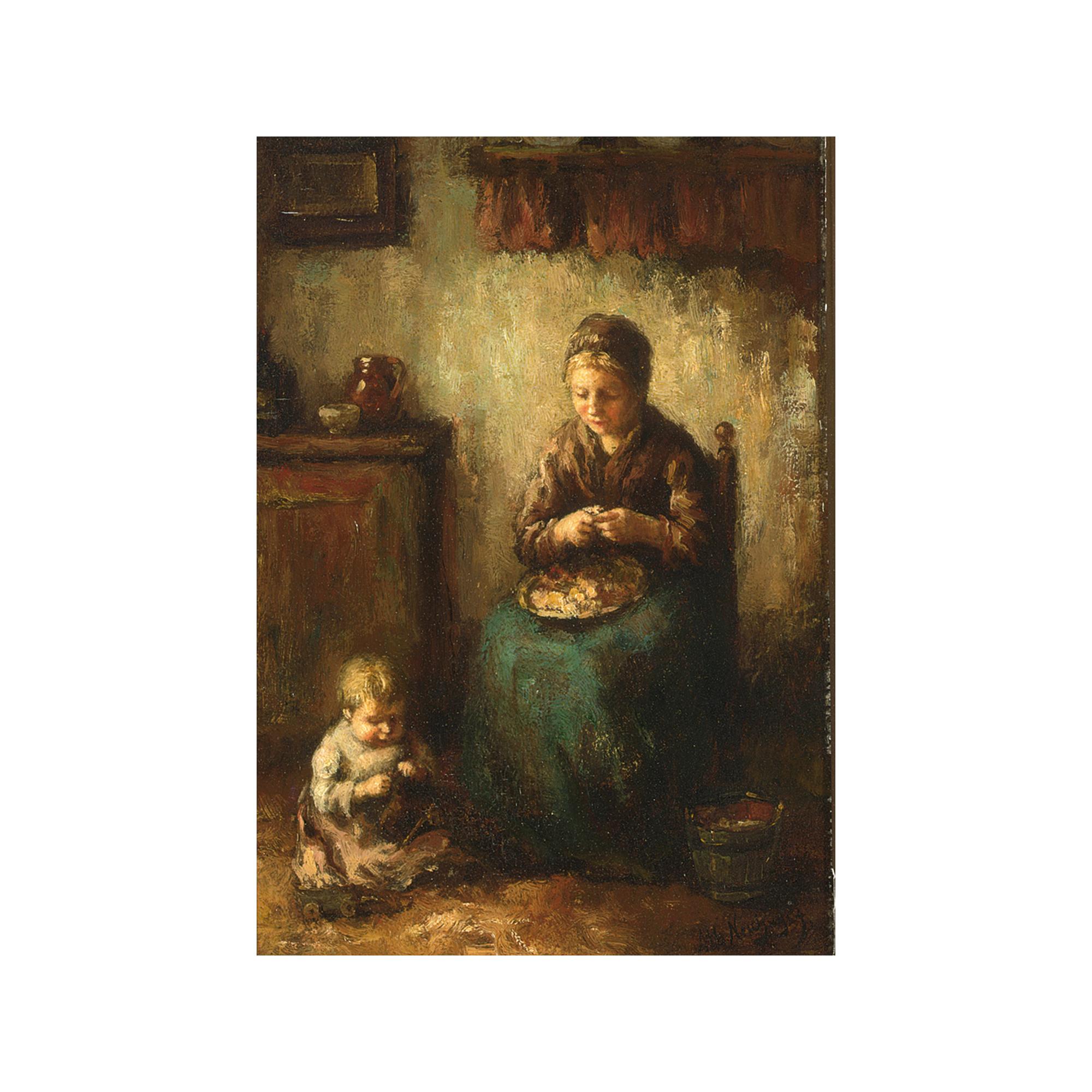 Albert Neuhuys - A Cottage Interior With A Mother Peeling Potatoes, Her Child Playing On The Floor