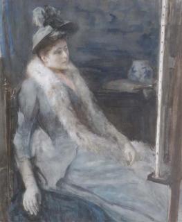 Albert Neuhuys - Admiring the artist\'s work: a lady in an artist\'s studio