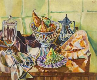Albert Paris Von Gütersloh - Austrian Still Life With Fruit, Glass, Coffee Pot And Shell