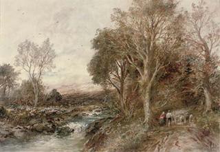 Albert Pollitt - Herding the flock beside a river in spate