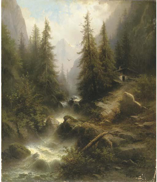 Albert Rieger - Waterfall cascading amongst pine trees in the Alps