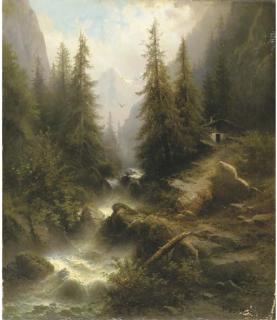 Albert Rieger - Waterfall cascading amongst pine trees in the Alps