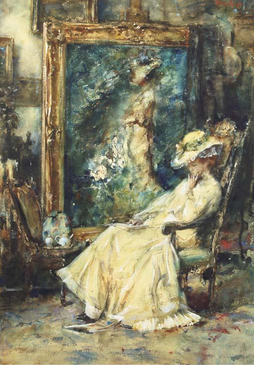 Albert Roelofs - A pause from posing: an elegant lady seated in the artist\'s studio