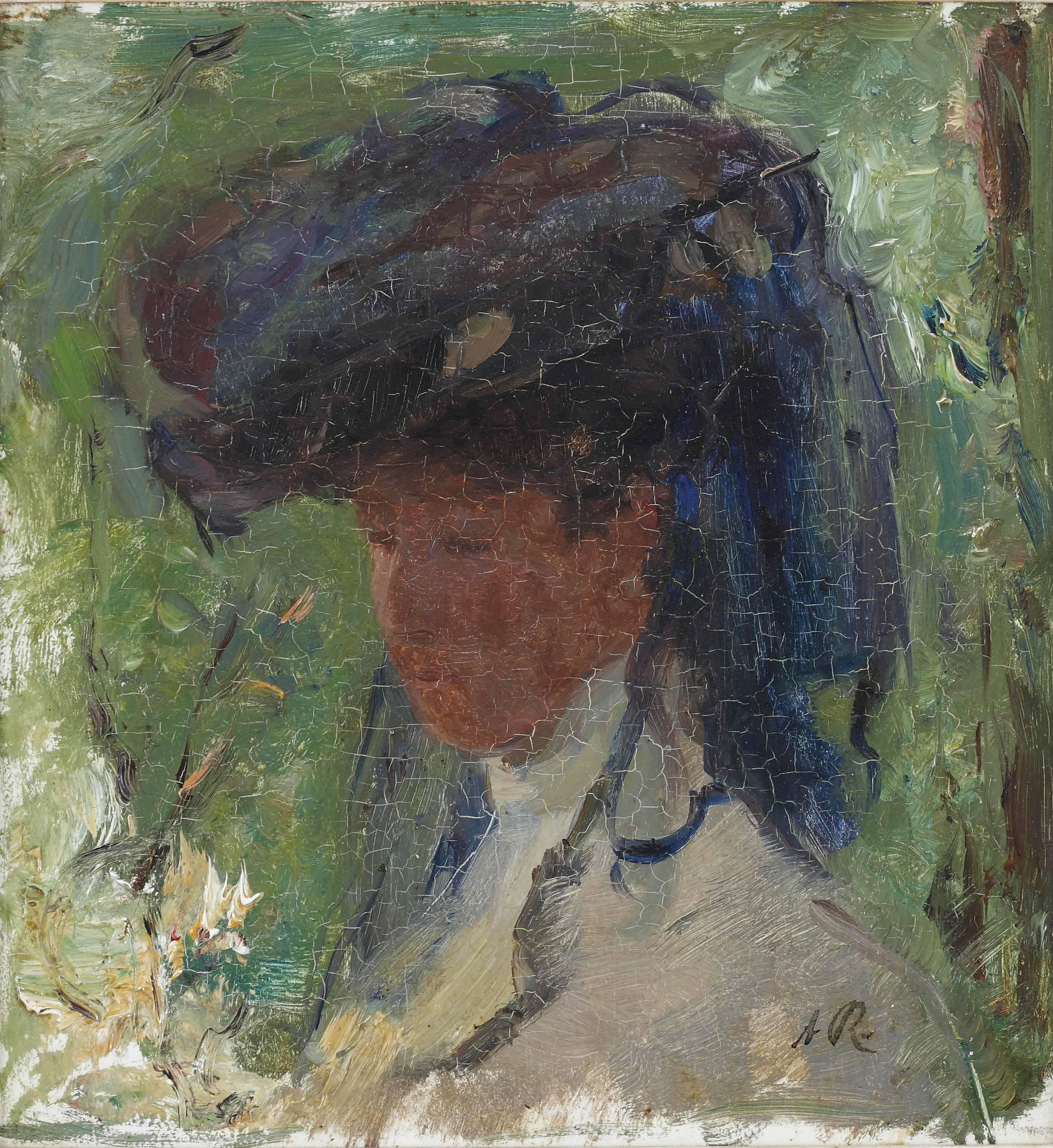 Albert Roelofs - Portrait of a lady with a blue hat
