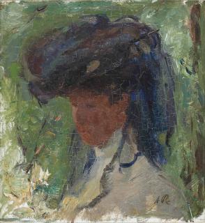 Albert Roelofs - Portrait of a lady with a blue hat