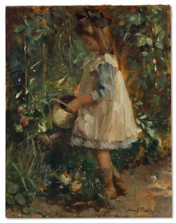 Albert Roelofs - The artist\'s daughter Albertine in the garden: watering the flowers