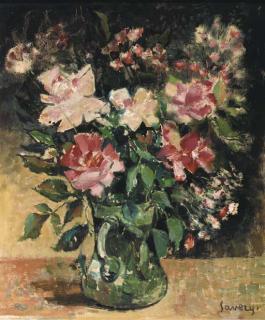 Albert Saverys - A still life with pink roses in a glass vase