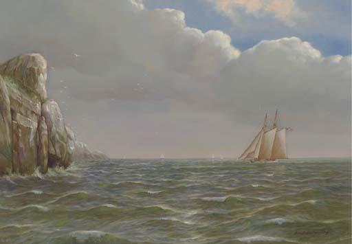 Albert Sz. Nemethy - A fishing schooner off a rocky  coast