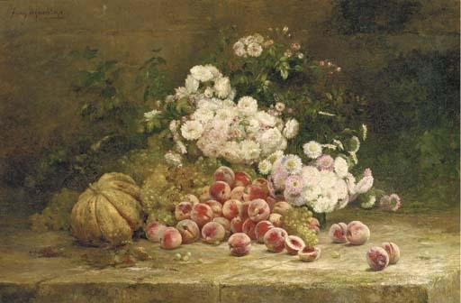 Albert-Tibule-Furcy De Lavault - Summer flowers and fruit on a stone ledge