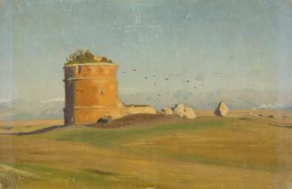 Albert Venus - Ein Rundturm in weiter Landschaft.