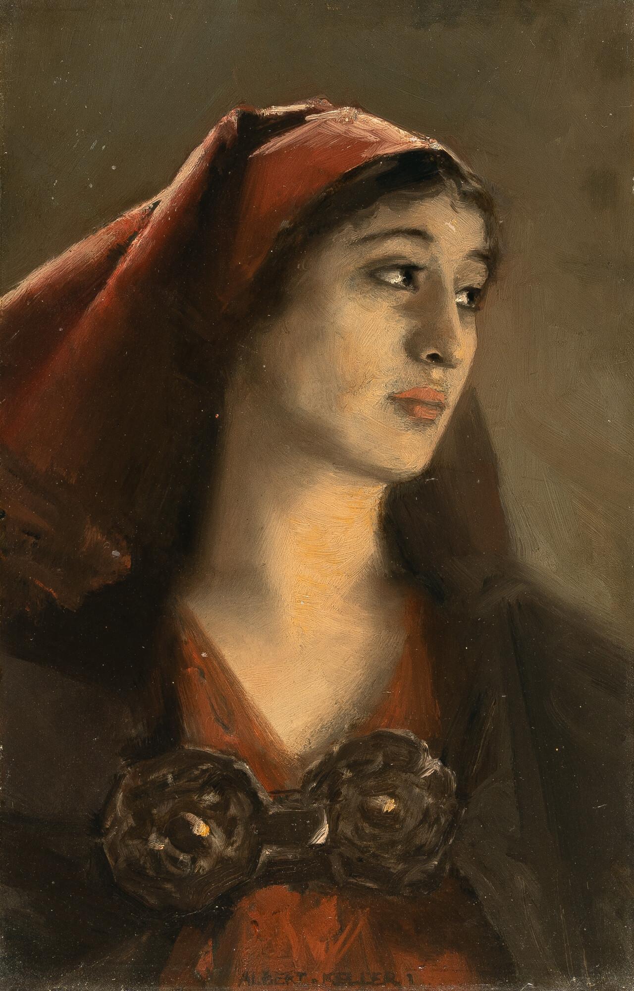 Albert von Keller - Damenbildnis mit rotem Kopftuch