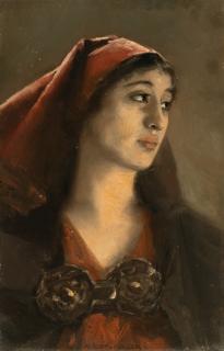 Albert von Keller - Damenbildnis mit rotem Kopftuch