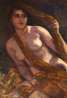 Albert von Keller - Weiblicher Halbakt mit gemustertem Schal.