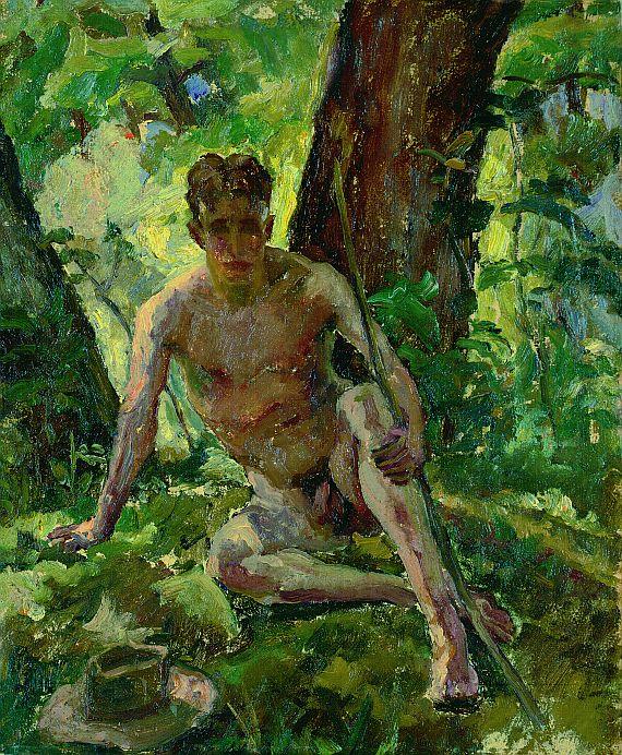 Albert Weisgerber - Männlicher Akt, sitzend im Wald, mit Hut und Bogen