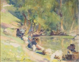 Albert Wenmaekers - Lavandières Au Bord D\'Un Étang; Etable Dans la Campagne