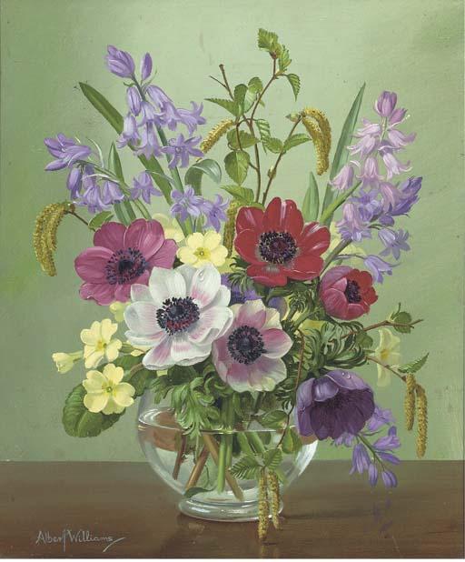 Albert Williams - Anenomes, Bluebells, Primroses And Catkins In A Glass Bowl
