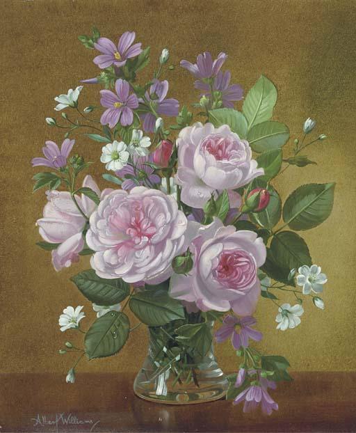 Albert Williams - Peonies, Bluebells, Primroses And Catkins In A Glass Bowl