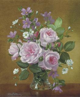 Albert Williams - Peonies, Bluebells, Primroses And Catkins In A Glass Bowl